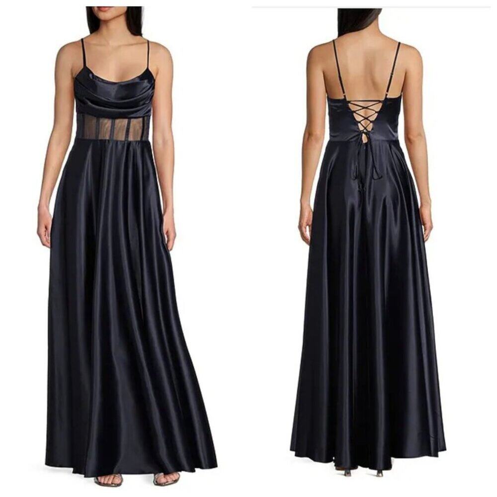 Drape Neck Illusion Corset Satin Gown